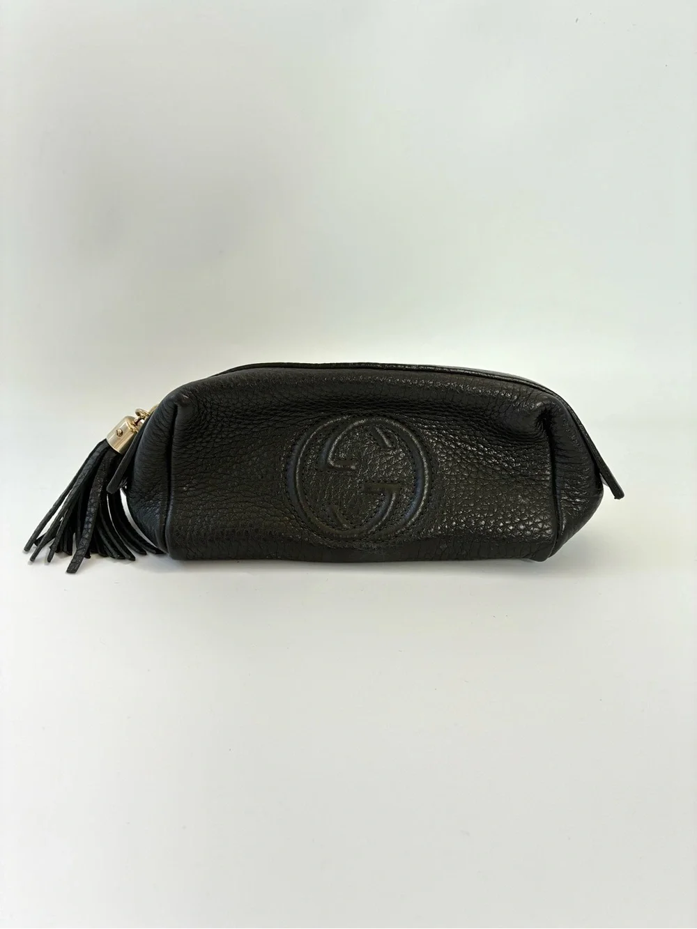 Gucci Soho Black Leather Mini Pouch Cosmetic Bag Tassel Logo Compact - Picture 2 of 10